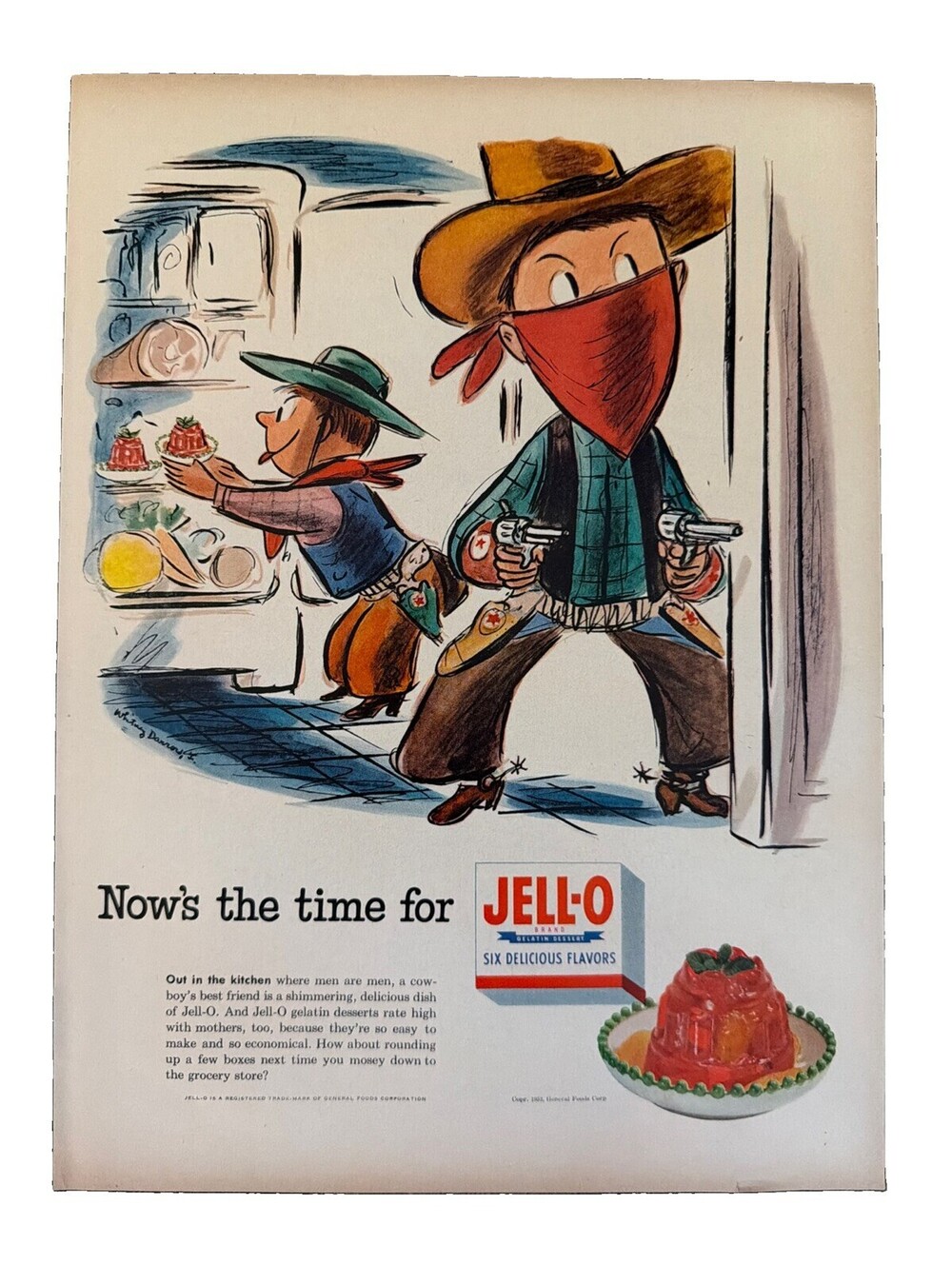 1952 JELL-O Gelatin Dessert Print Ad Illustrated Cowboys Kids Playing Cute Retro